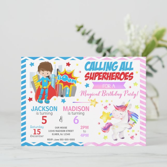Invitación conjunta de cumpleaños de superhéroe y  (Anverso de pie)