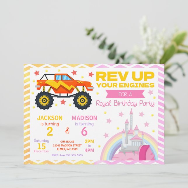 Invitación conjunta de cumpleaños para camión mons (Anverso de pie)