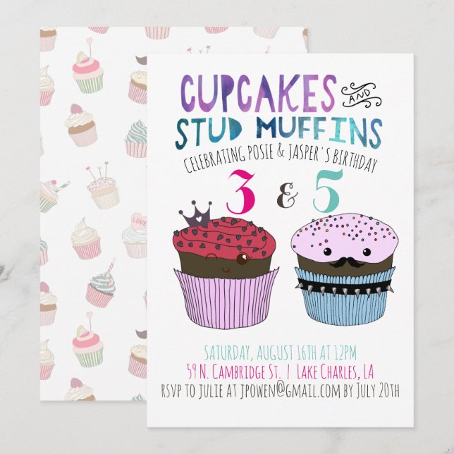 Invitación conjunta de cumpleaños para pastelito y (Anverso / Reverso)