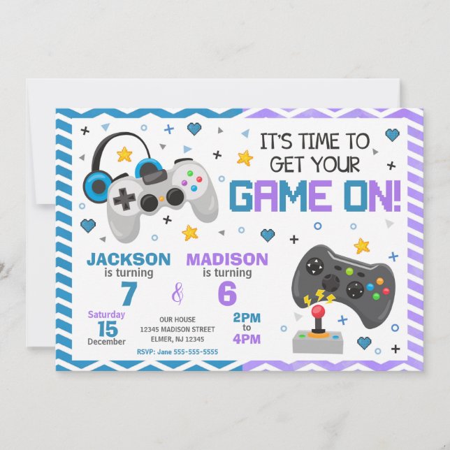 Invitación conjunta de cumpleaños para videojuegos (Anverso)