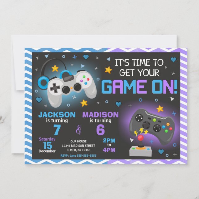 Invitación conjunta de cumpleaños para videojuegos (Anverso)