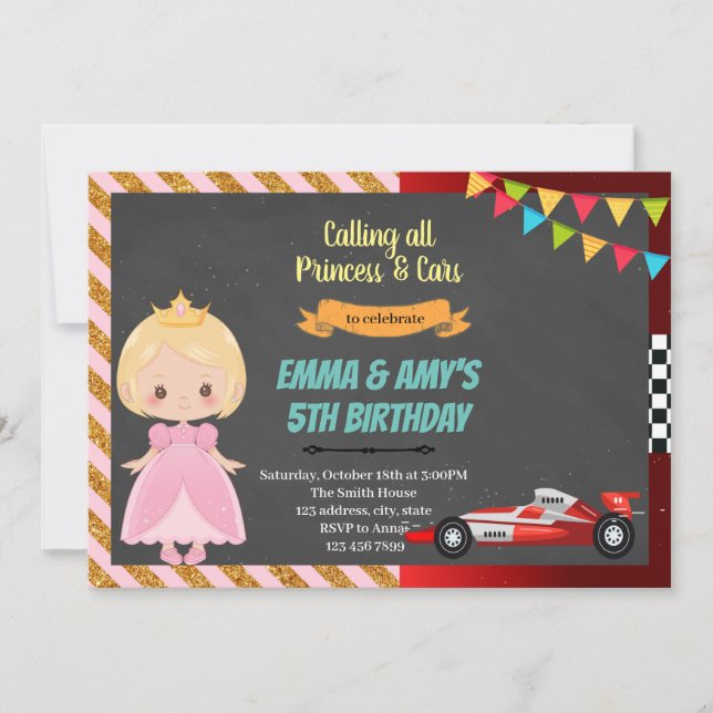 Invitación conjunta de fiesta de princesa y coche  (Anverso)