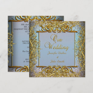 Invitación Conjunto Azul Elegante de Boda Elite Beige Dorado