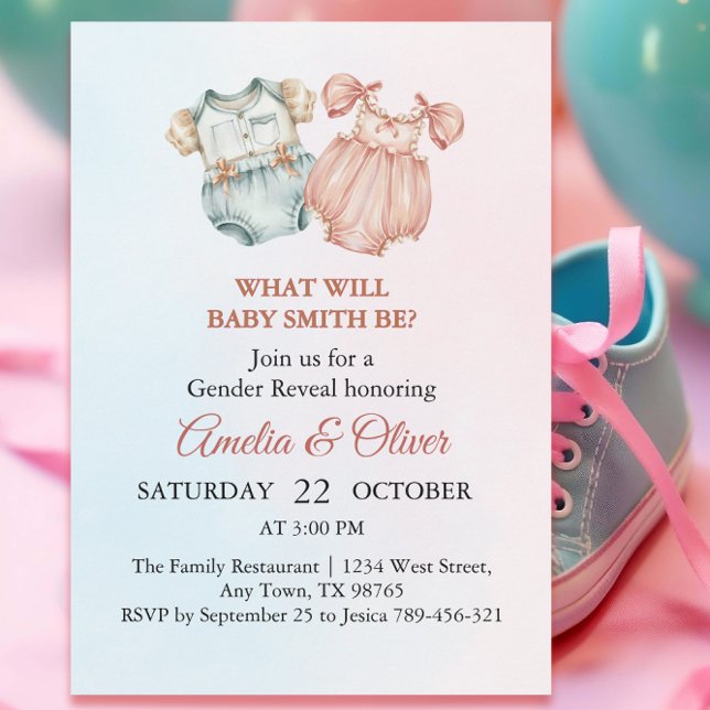 Invitación Conjunto de bebé rosa azul caprichoso Revelación d (Subido por el creador)