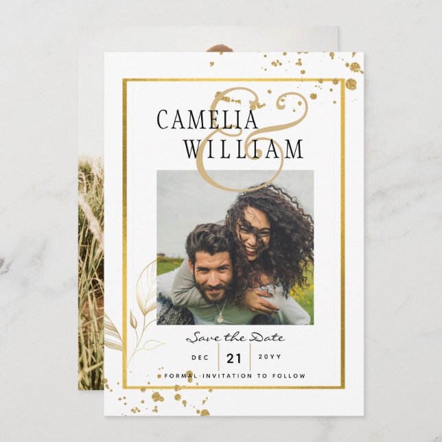 Invitación Conjunto de boda FOTO Clásico Moderno Oro Blanco (Anverso / Reverso)