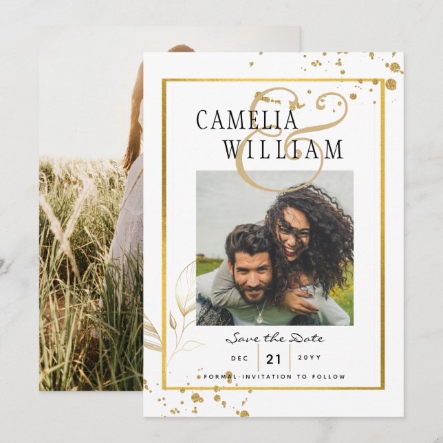 Invitación Conjunto de boda FOTO White GOLD Moderno Clásico (Anverso / Reverso)