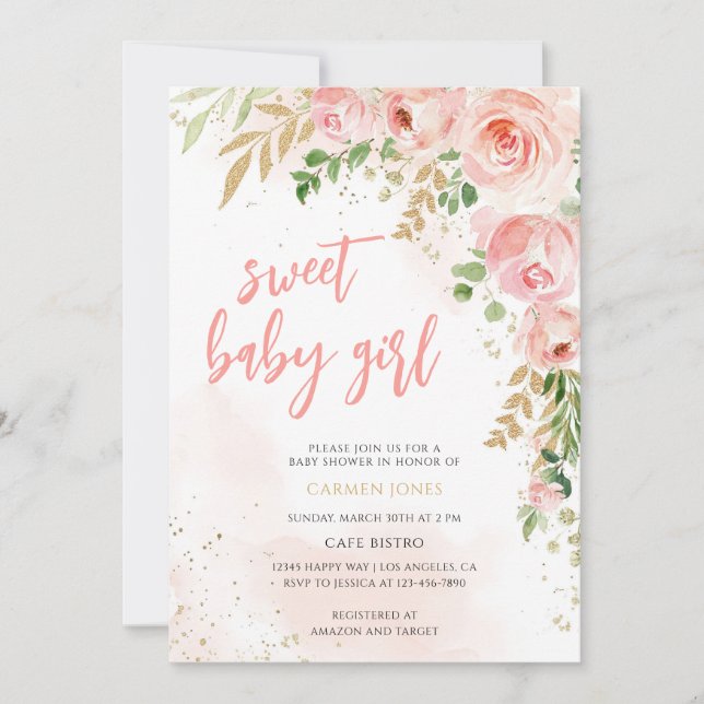 Invitación Conjunto de Cumpleaños de Niña con Flores Rosadas (Anverso)
