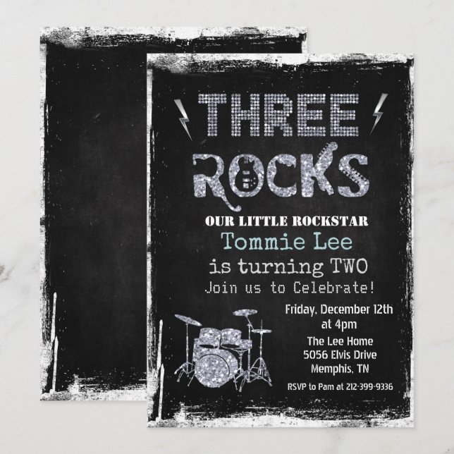 Invitación Conjunto de tambores Three Rocks Rockstar 3er Cump (Anverso / Reverso)