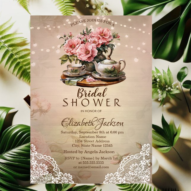 Invitación Conjunto de té Luces de Cuerda Encaje Rústico Desp (Subido por el creador)