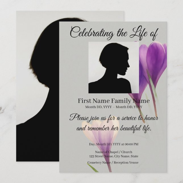 Invitación conmemorativa de crocus morado (Anverso / Reverso)