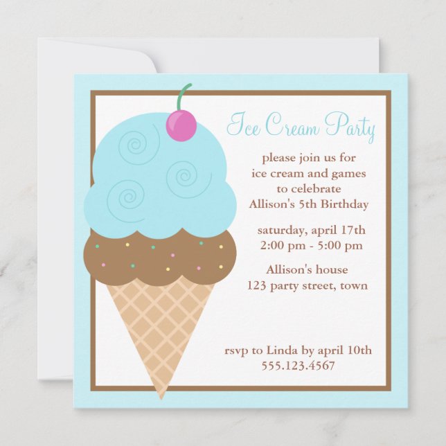 Invitación Cono de helado azul claro (Anverso)
