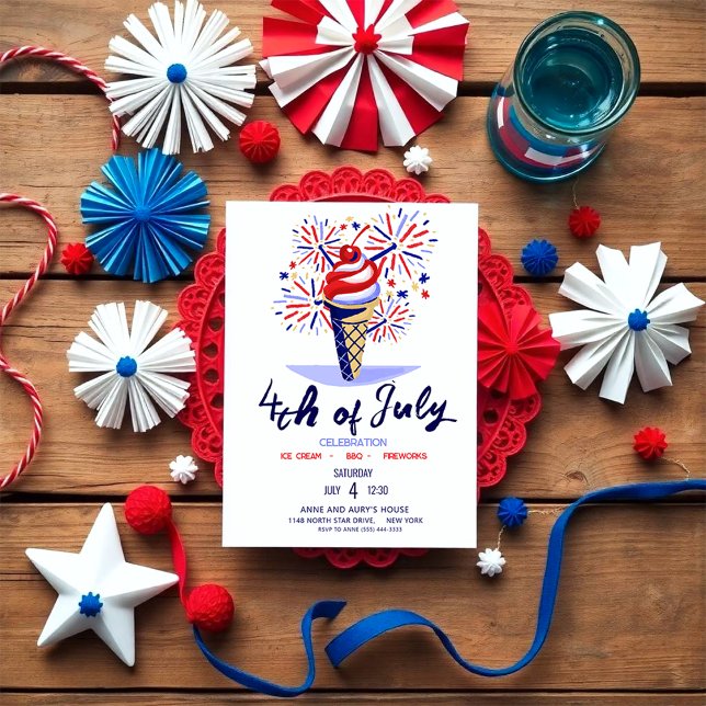 Invitación Cono de helado con fuegos artificiales Fiesta de b (Happy invitation for you 4th July BBQ Party!)