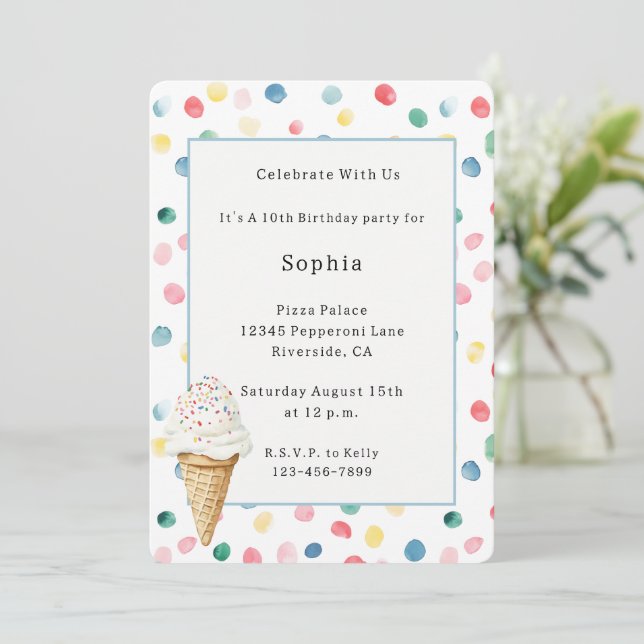 Invitación Cono de helado de confeti colorido blanco Cumpleañ (Anverso de pie)