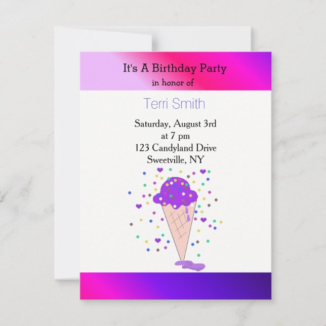 Invitación Cono de helado de confeti morado (Anverso)