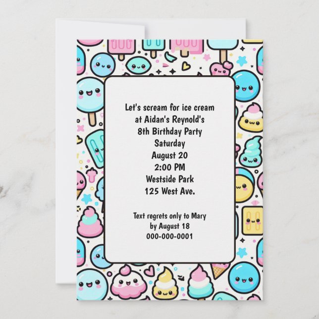 Invitación Cono de helado de cumpleaños y Doodles de popsicle (Anverso)