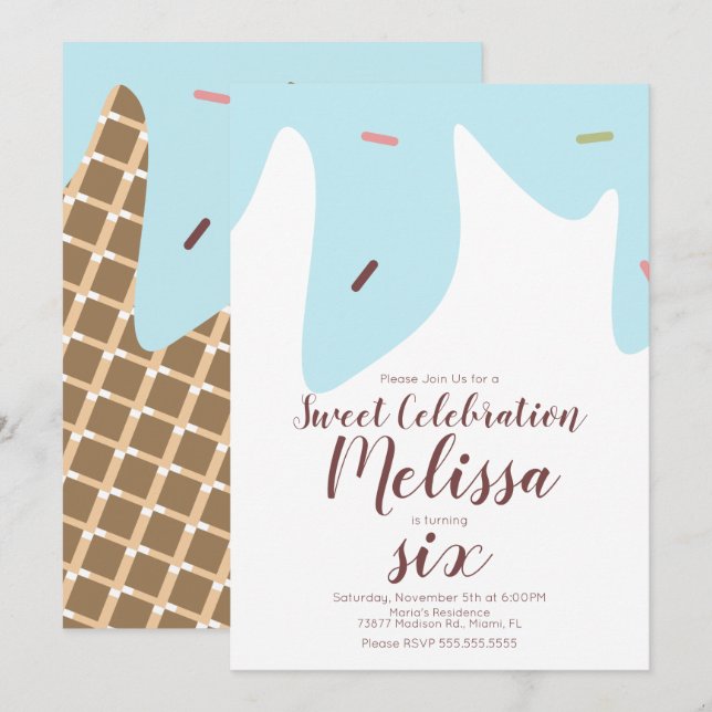 Invitación Cono de helado de hielo goteando confeti azul (Anverso / Reverso)