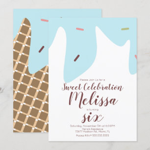 Invitación Cono de helado de hielo goteando confeti azul
