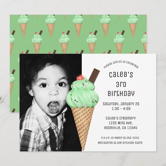 Invitación Cono de Helado de Menta Fiesta de Cumpleaños Perso (Anverso / Reverso)