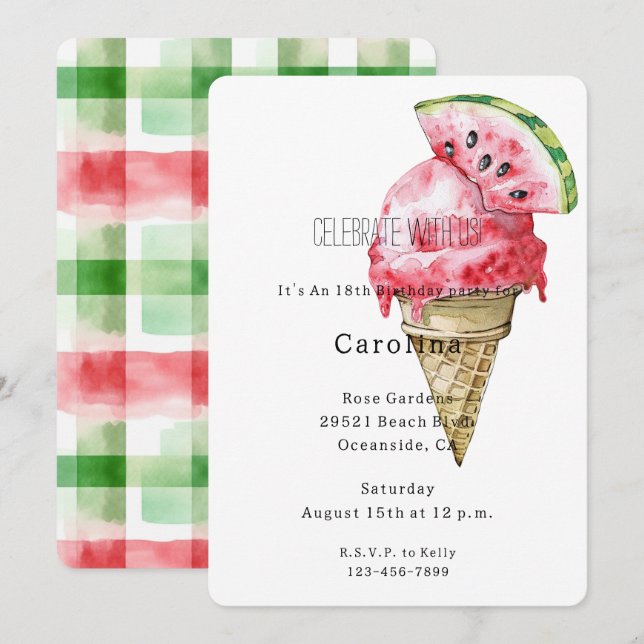 Invitación Cono de helado de sandía roja y verde Cumpleaños   (Anverso / Reverso)