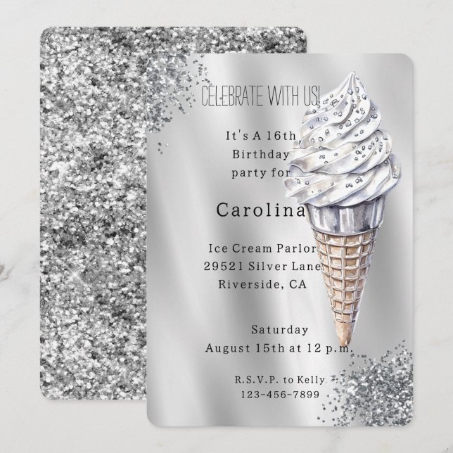 Invitación Cono de helado de vainilla con purpurina plateada  (Anverso / Reverso)