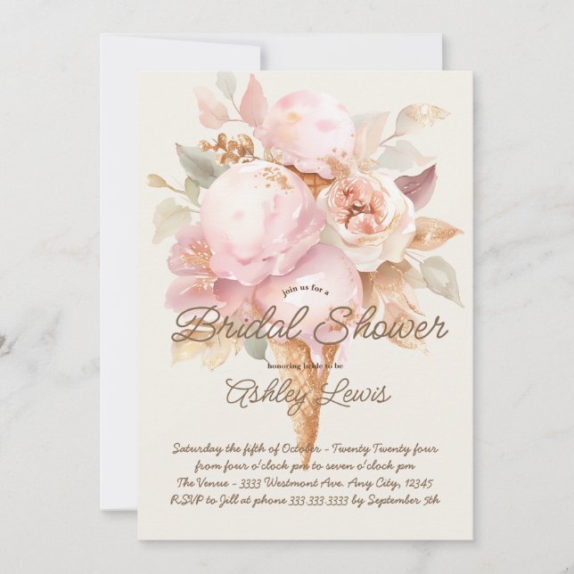 Invitación Cono de helado dorado helado rosa floral (Anverso)