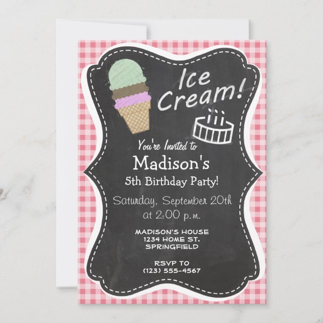 Invitación Cono de helado en Rubor Pink Gingham (Anverso)