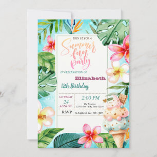 Invitación  Cono de Helado Flores de Verano Fiesta de Cumplea
