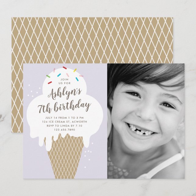 Invitación Cono de helado niños foto cumpleaños (Anverso / Reverso)