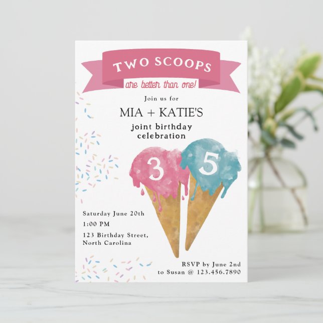 Invitación Cono de helado para fiesta de cumpleaños doble con (Anverso de pie)