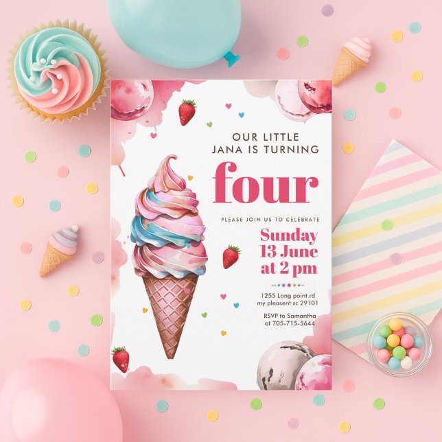 Invitación Cono de helado rosa Cumpleaños | Dulce de niña (Subido por el creador)