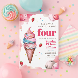 Invitación Cono de helado rosa Cumpleaños   Dulzura de niña