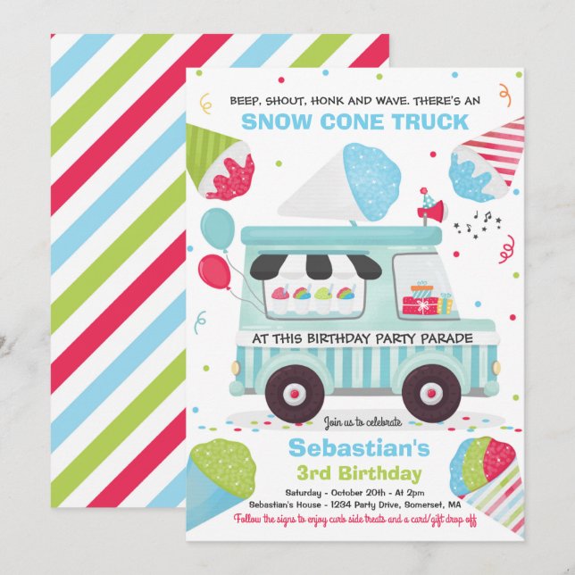 Invitación Cono de Nieve Fiesta de Cumpleaños Contra Desfile  (Anverso / Reverso)