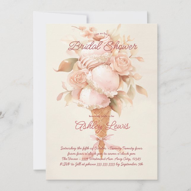 Invitación Cono de purpurina floral con helado de boho (Anverso)