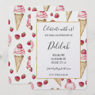 Invitación Conos de Helado de Fresa Cumpleaños