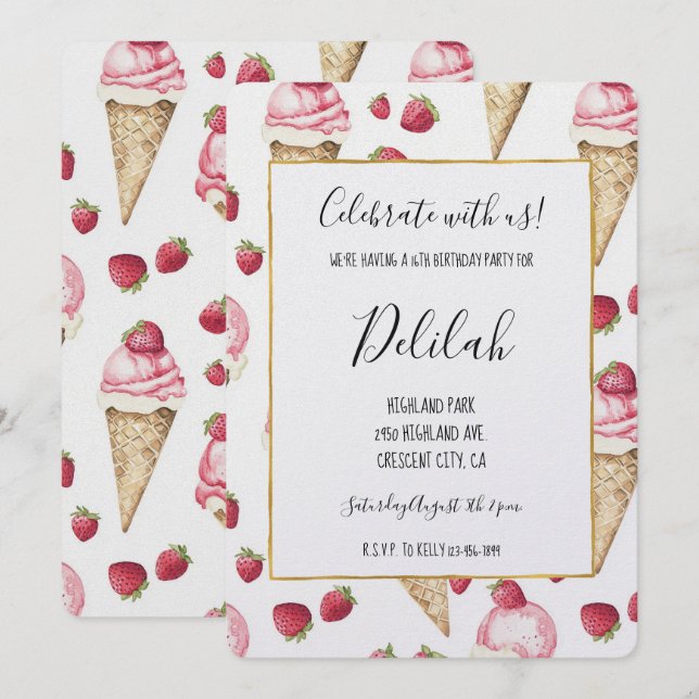 Invitación Conos de Helado de Fresa Cumpleaños (Anverso / Reverso)