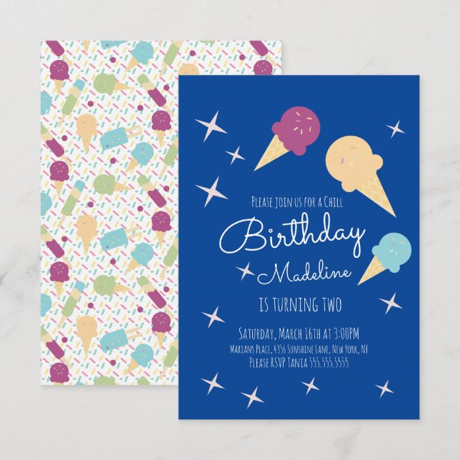 Invitación Conos de Helado Estrellas Cumpleaños de Verano Fie (Anverso / Reverso)