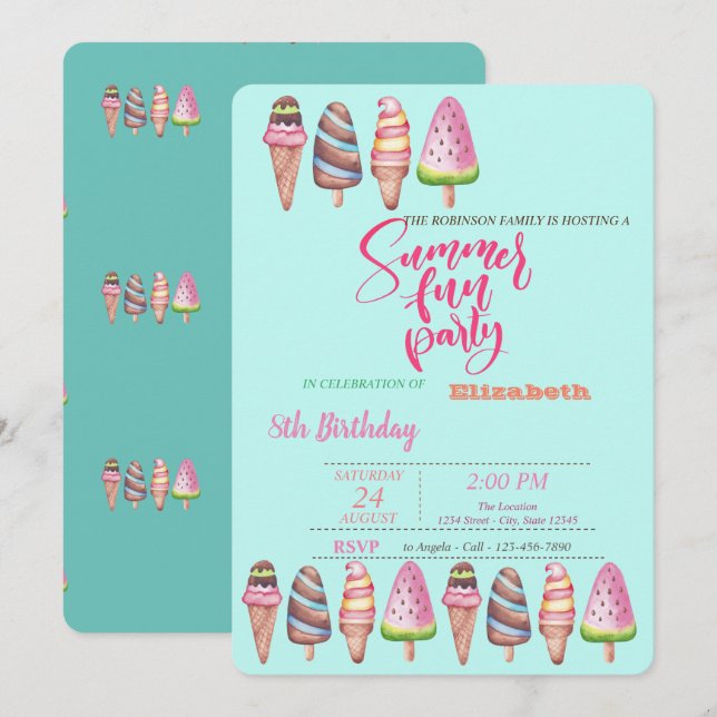 Invitación Conos de Helados Fiesta de Cumpleaños de Verano  (Anverso / Reverso)