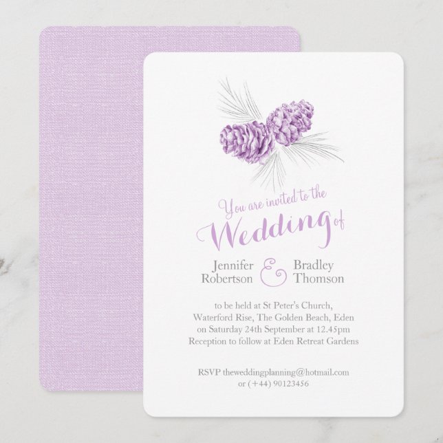 Invitación Conos de pino arte morado gris boda de invierno in (Anverso / Reverso)