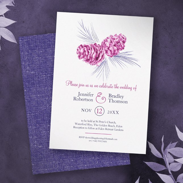 Invitación Conos de pino dibujando arte azul plum boda de inv (Subido por el creador)