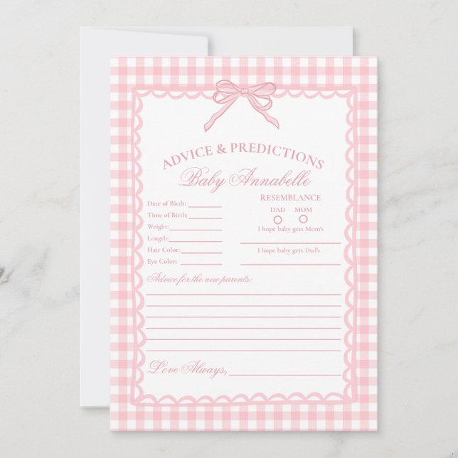 Invitación Consejos de lazo coqueta de gingham rosa para tarj (Anverso)