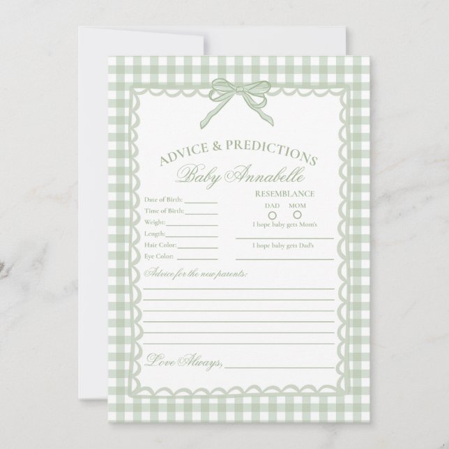 Invitación Consejos de lazo coqueta de gingham verde para tar (Anverso)