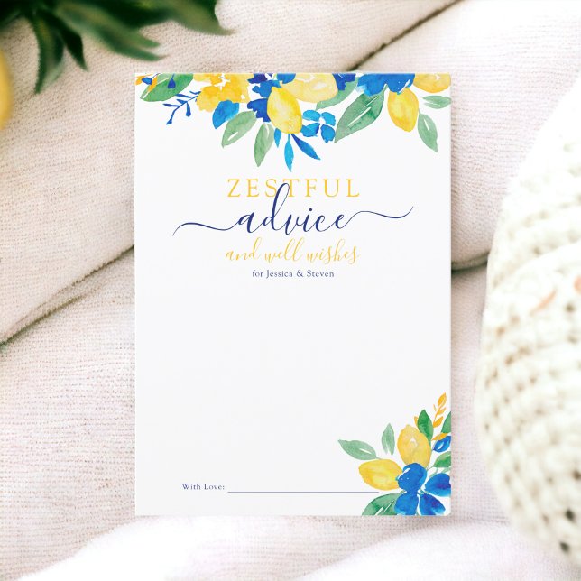 Invitación Consejos de novia sobre los limones amarillos azul (Blue yellow lemons floral watercolor bridal advice card invitation)