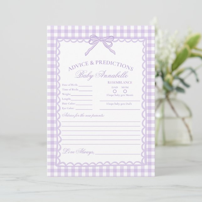 Invitación Consejos para bebé con lazo coqueta de gingham mor (Anverso de pie)