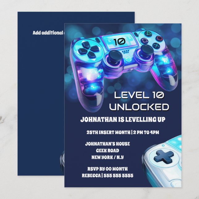 Invitación consola de juegos neon light niños fiesta de juego (Anverso / Reverso)