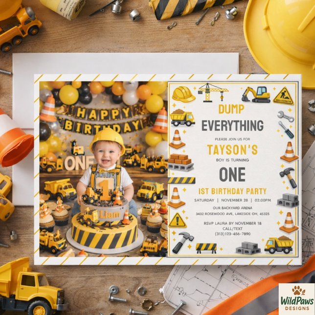 Invitación Construcción 1er Cumpleaños | Fiesta de Camión de  (Construction 1ST Birthday | Builder Truck Party Invitation
)