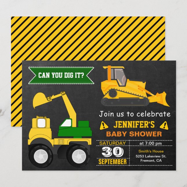 Invitación Construcción Baby Shower de la niveladora (Anverso / Reverso)