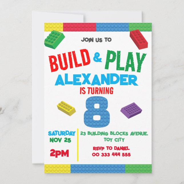 Invitación Construcción Bloques Niño 8 Juguete de Cumpleaños (Anverso)