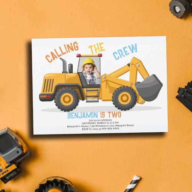 Invitación Construcción Bulldozer Crew Photo Boy 2º cumpleaño (photo construction invitation 2nd birthday second boys bulldozer vehicle theme personalized)