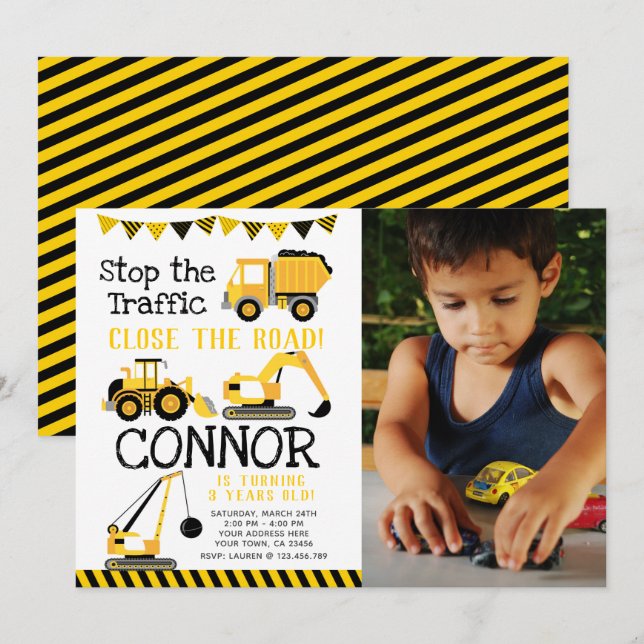 Invitación Construcción, Camión de Volquete con foto (Anverso / Reverso)