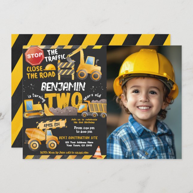 Invitación Construcción, camión volcado Segundo Cumpleaños (Anverso / Reverso)